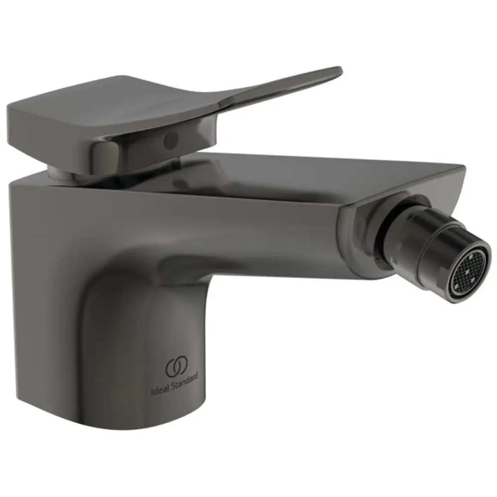 Moderne Bidetarmatur in mattem Grau von Ideal Standard. Die Armatur hat eine flache Handhabung und einen Auslauf im zeitgemäßen Design, geeignet für Badezimmerausstattungen.